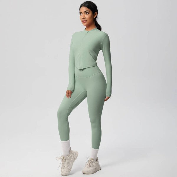 Seamless zip up jacket and high waisted leggings activewear set in sage green