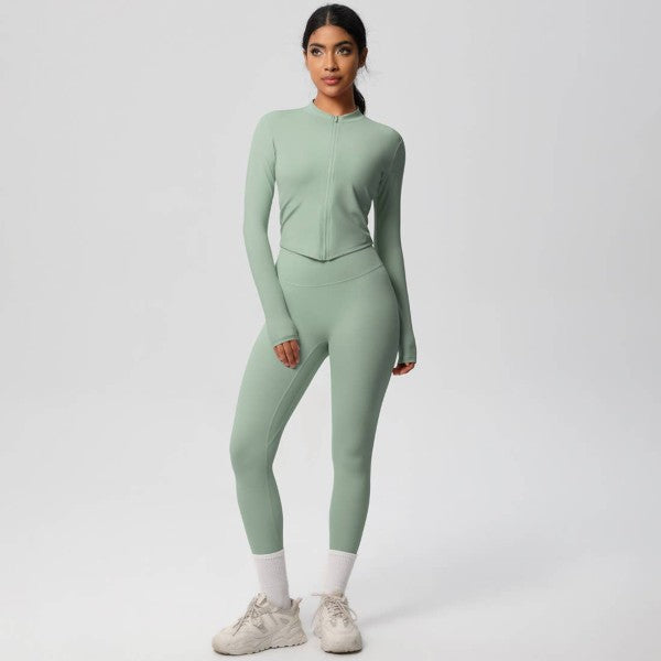Sage green zip up long sleeve jacket with matching seamless leggings