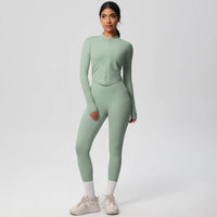 Sage green zip up long sleeve jacket with matching seamless leggings