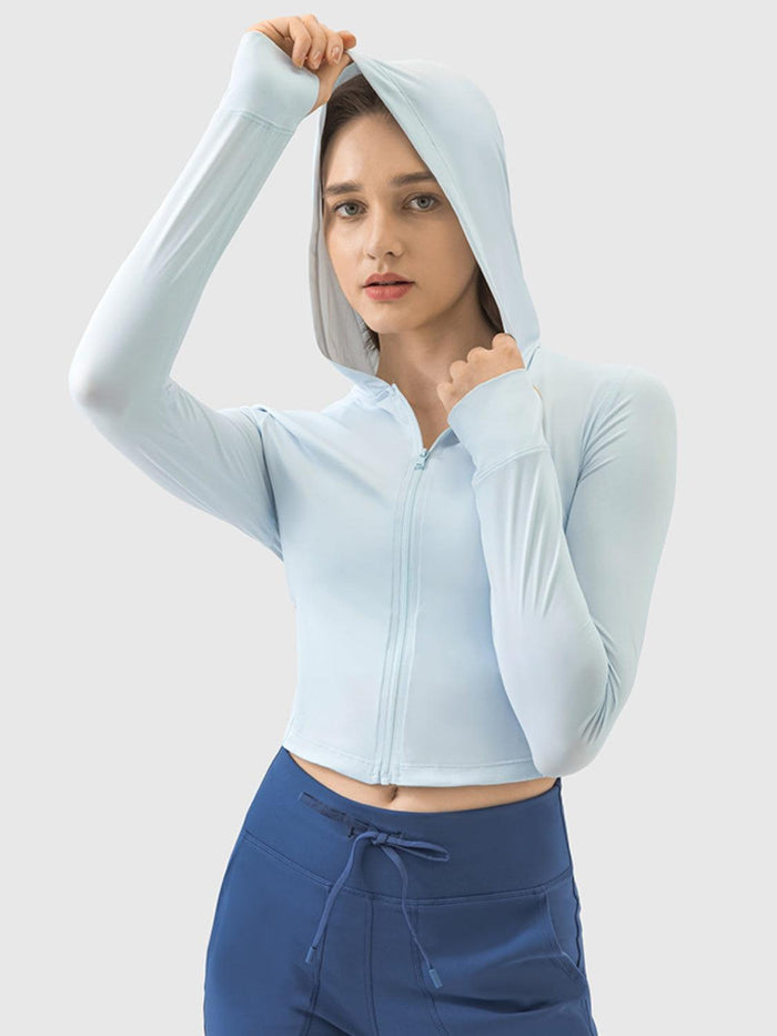 Zip Up Hooded Long Sleeve Active Outerwear - Spoiled Me Rotten