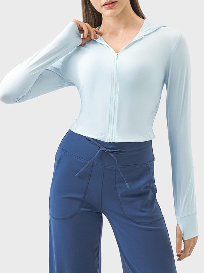 Zip Up Hooded Long Sleeve Active Outerwear - Spoiled Me Rotten