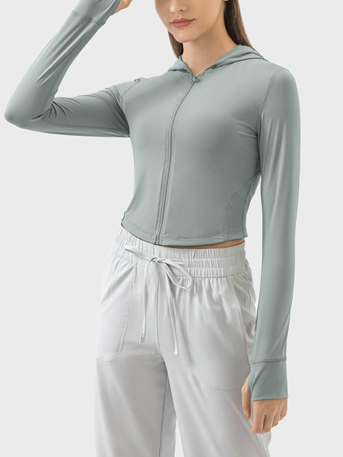 Zip Up Hooded Long Sleeve Active Outerwear - Spoiled Me Rotten