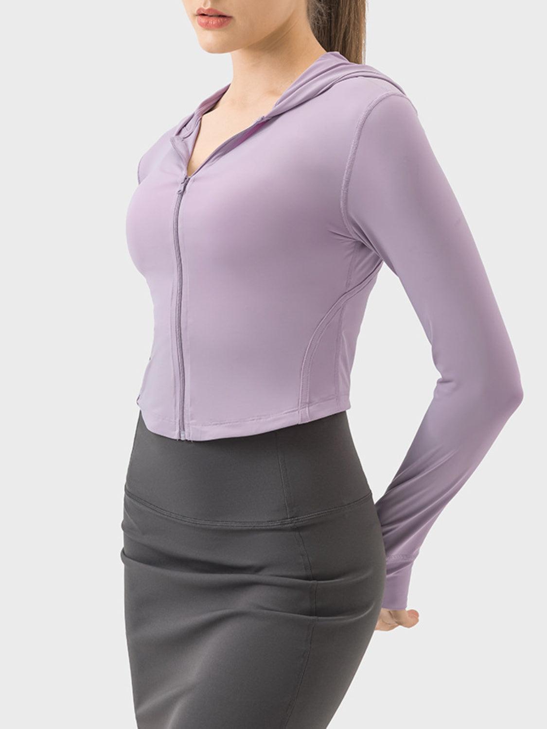 Zip Up Hooded Long Sleeve Active Outerwear - Spoiled Me Rotten