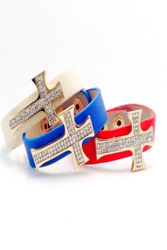 CRYSTAL CROSS LEATHER BRACELET - Spoiled Me Rotten