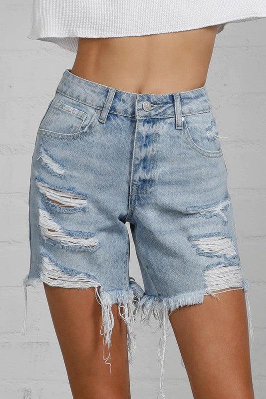 HIGH RISE MIDI DESTROYED SHORTS - Spoiled Me Rotten 