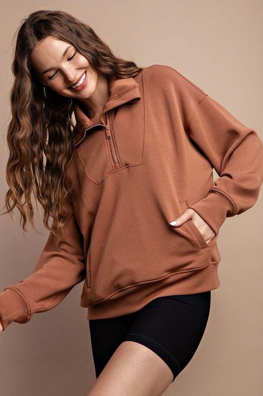 Quarter Zip Funnel Neck Pullover - Spoiled Me Rotten 