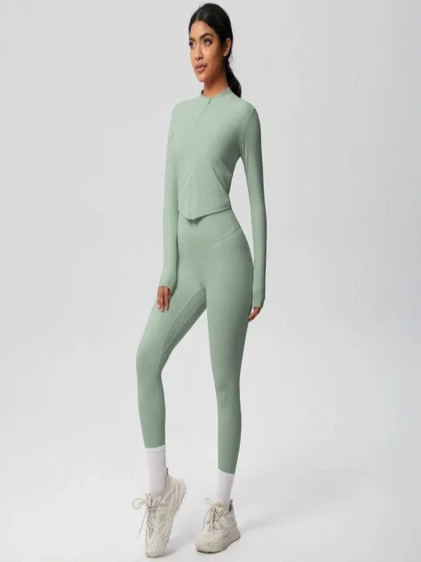 Seamless zip up jacket and high waisted leggings activewear set in sage green