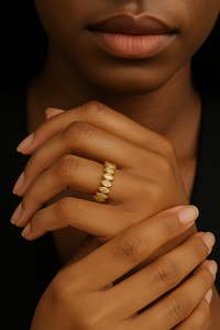 Close-up of Eternal Glow Ring – 18K gold plated marquise zircon eternity band on model’s hand