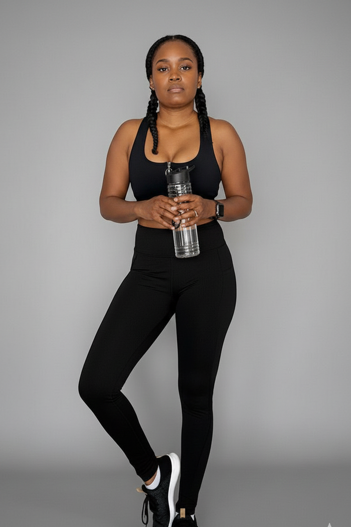 Woman in black athletic wear holding a water bottle against a gray background