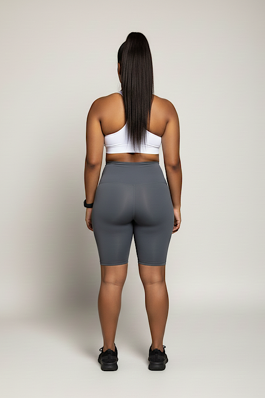 Women's gray biker shorts high waisted - full body view athletic wear