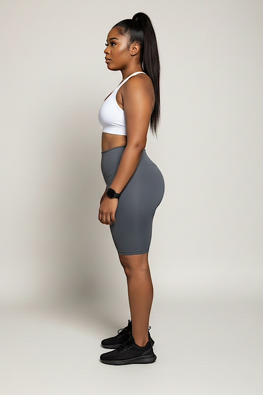 High waisted athletic biker shorts gray - side angle view showing fit