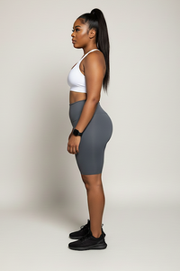 High waisted athletic biker shorts gray - side angle view showing fit
