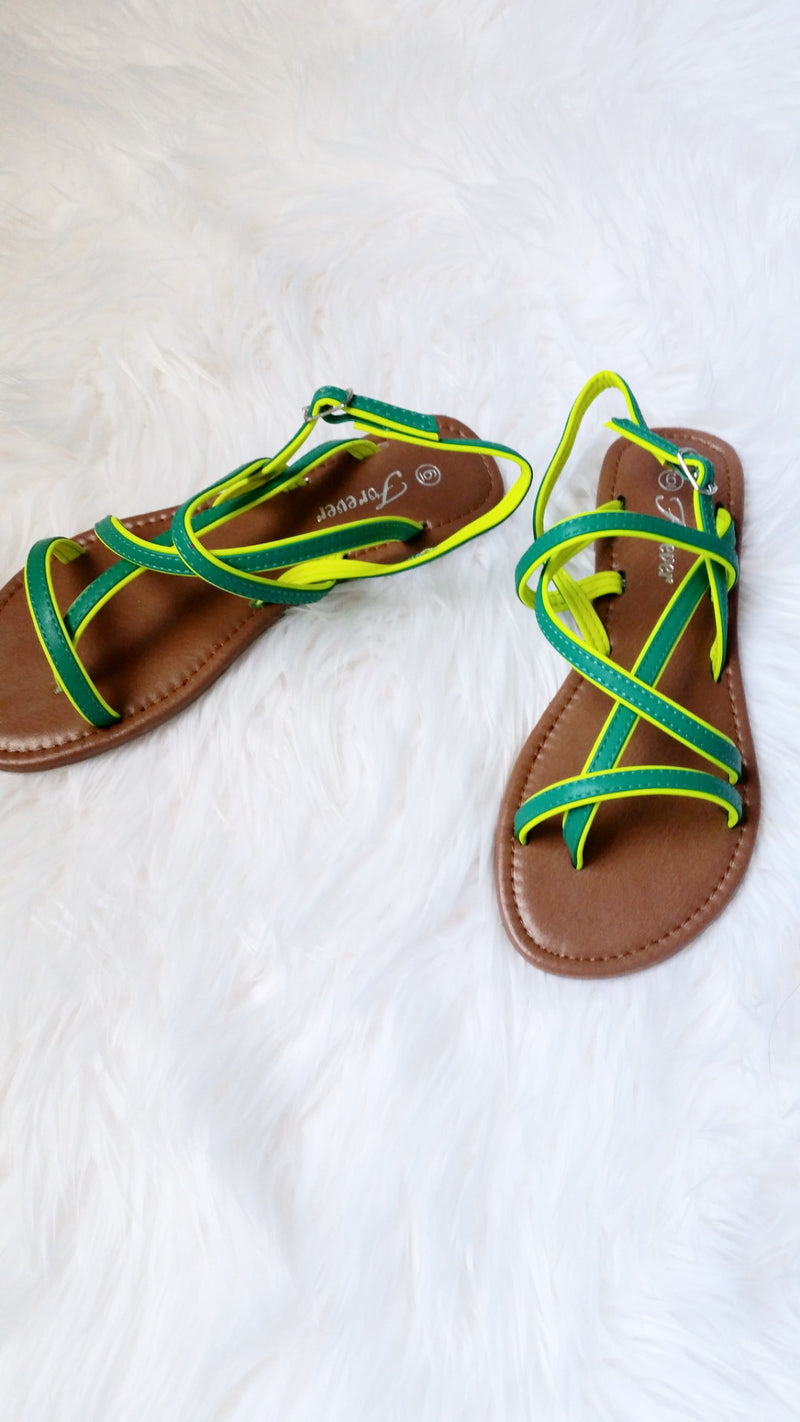 GREEN CONTRAST STRAPPY SANDALS - Spoiled Me Rotten Boutique 